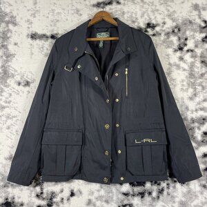 LRL Active Jacket Womens‎ Size Large Black Gold Hardware Full Zip Preppy Pockets
